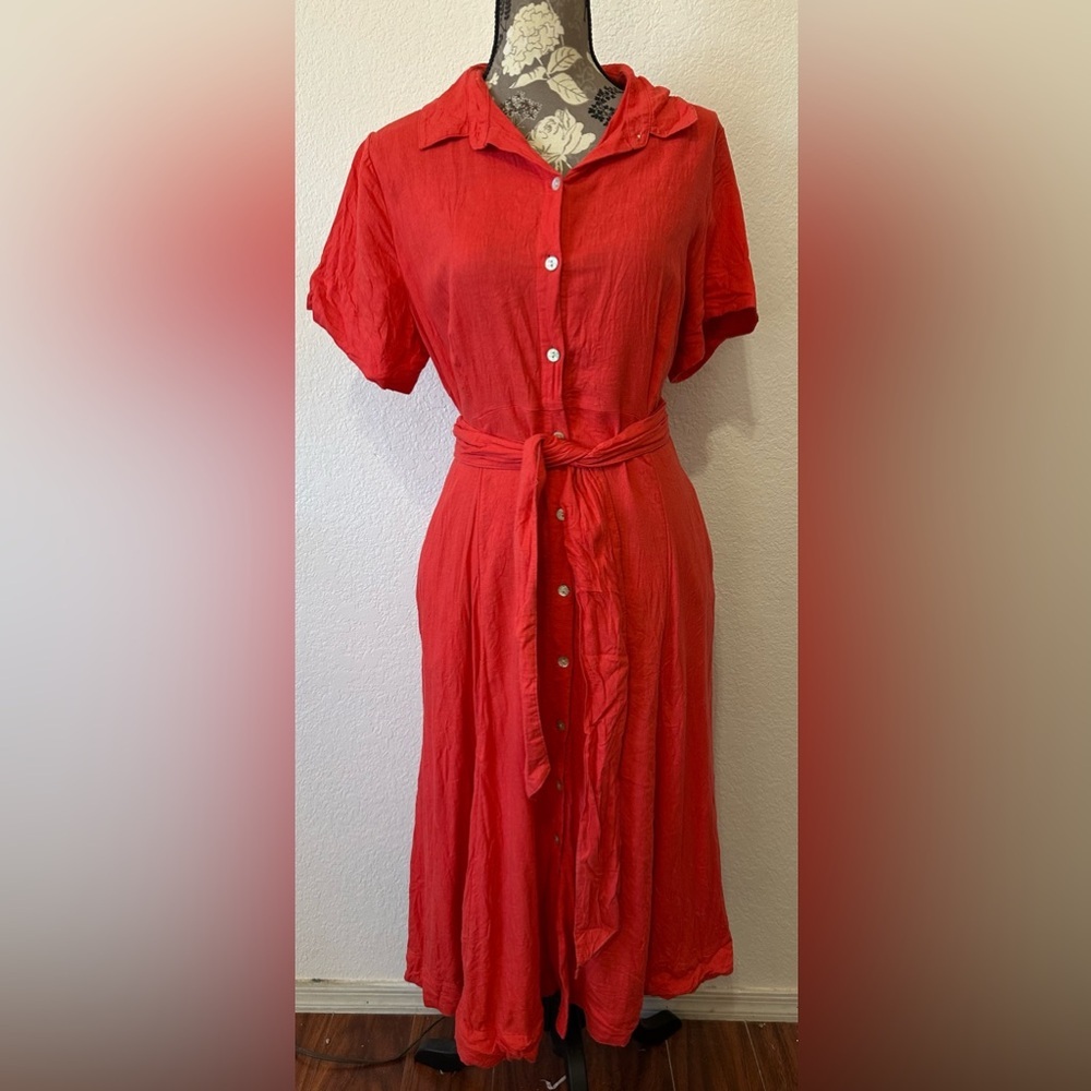 Joie Red Button-Front Maxi Dress with Tie Belt